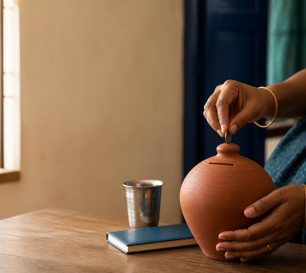 Hands placing a coin into a traditional clay savings pot on a wooden table