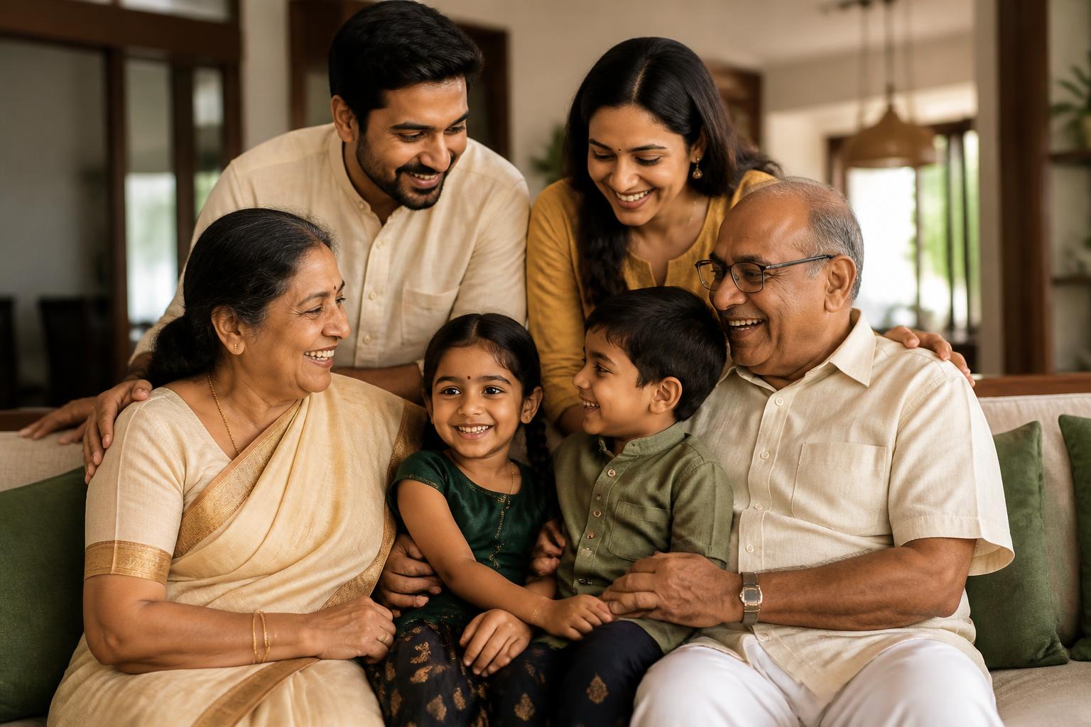 A happy South Indian family with three generations smiling together at home
