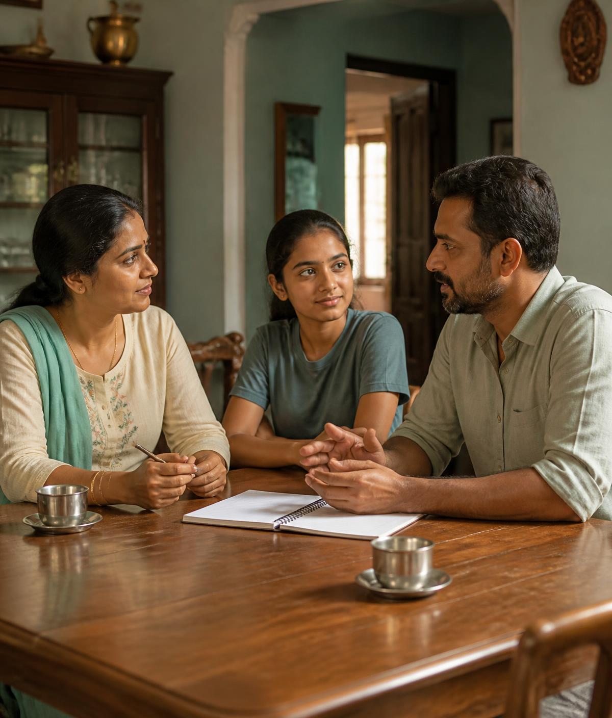 A family in a Tamil Nadu home talking calmly around a table with a notebook