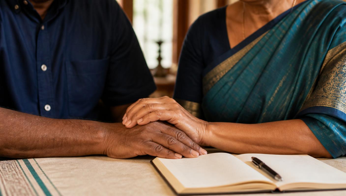 Hands of an older couple resting over an open planning notebook
