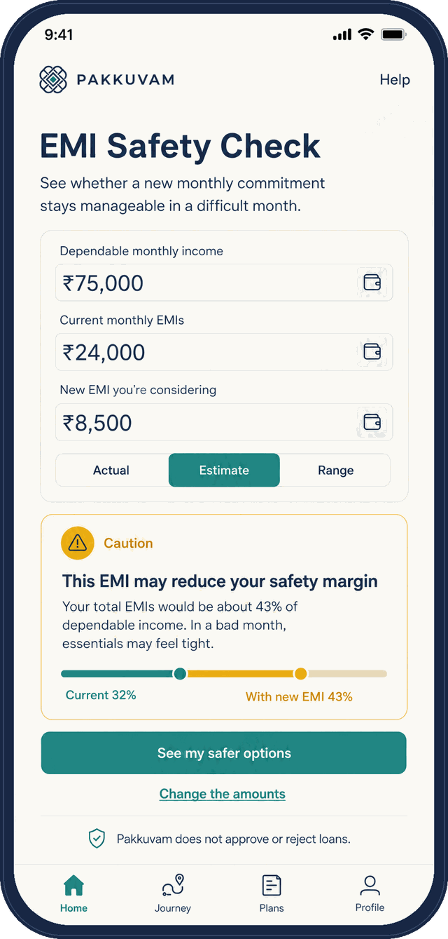 App screen showing an EMI safety check with normal-month and bad-month results