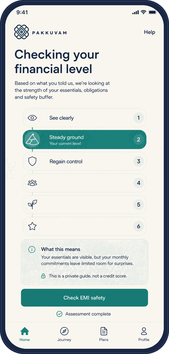 App screen showing financial level three, cash-flow stable, and a safety score of 64 out of 100